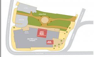 diagram of Old Mill Lane site showing entrances to building
