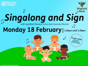 Graphic for Wigfield Farm Sing and Sign, cartoon babies sat down smiling with musical notes.