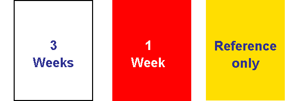 White label 3 week. Red Label 1 week. Yellow label Reference ONLY