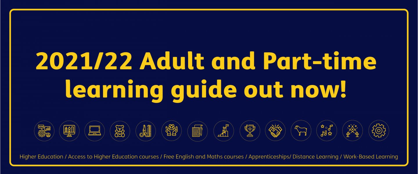 Web banner with text '2021/22 Adult and Part-time learning guide out now!'