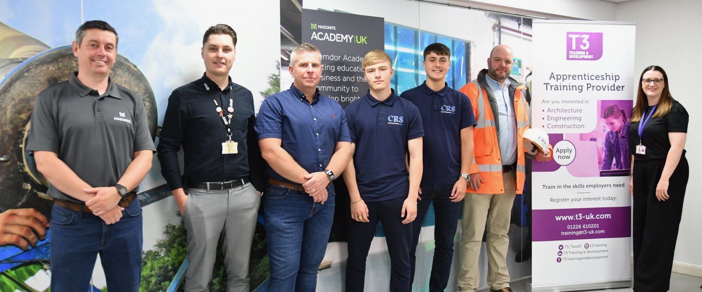 Gavin Day, Organisational Development Manager at Masonite; Karl Garratty, Account Manager at Barnsley College; Paul Senior Director at CRS; Apprentices Baily Barker and Alfie Wright; Mark Booth, Health and Safety Co-ordinator at CRS and Leanne Melling, Learner Support Officer at T3 Training and Development.