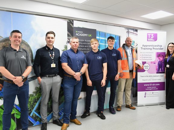 Gavin Day, Organisational Development Manager at Masonite; Karl Garratty, Account Manager at Barnsley College; Paul Senior Director at CRS; Apprentices Baily Barker and Alfie Wright; Mark Booth, Health and Safety Co-ordinator at CRS and Leanne Melling, Learner Support Officer at T3 Training and Development.