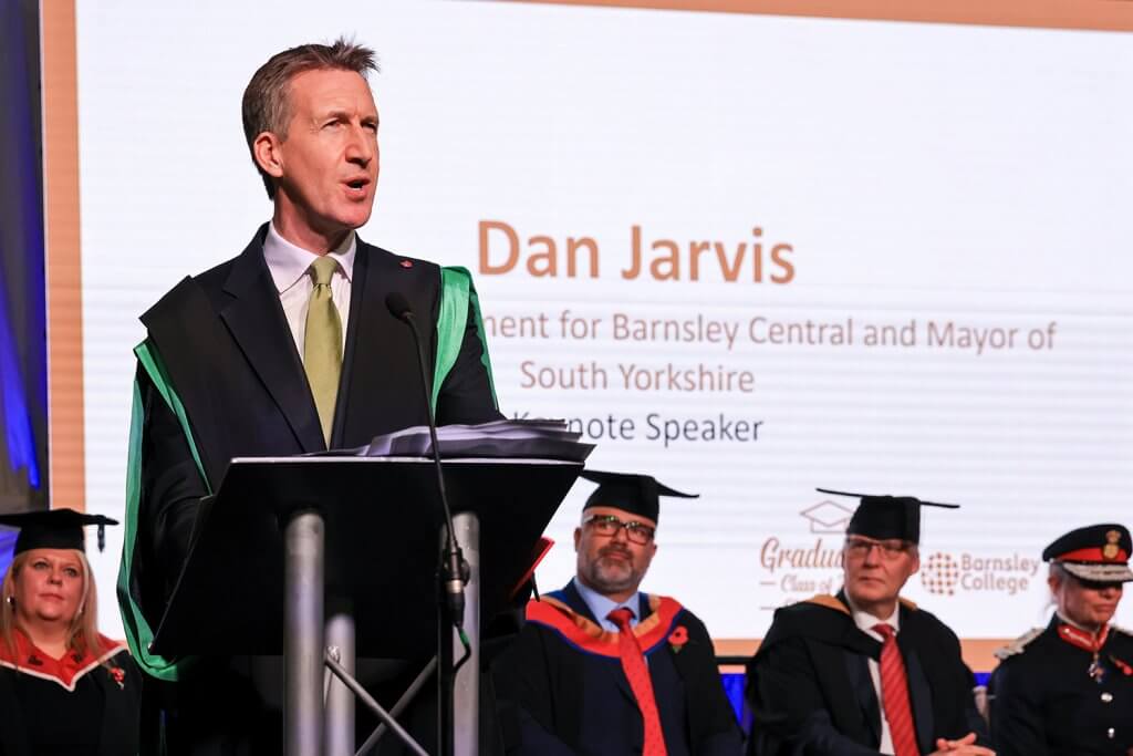 Dan Jarvis delivering his speech at graduation ceremony