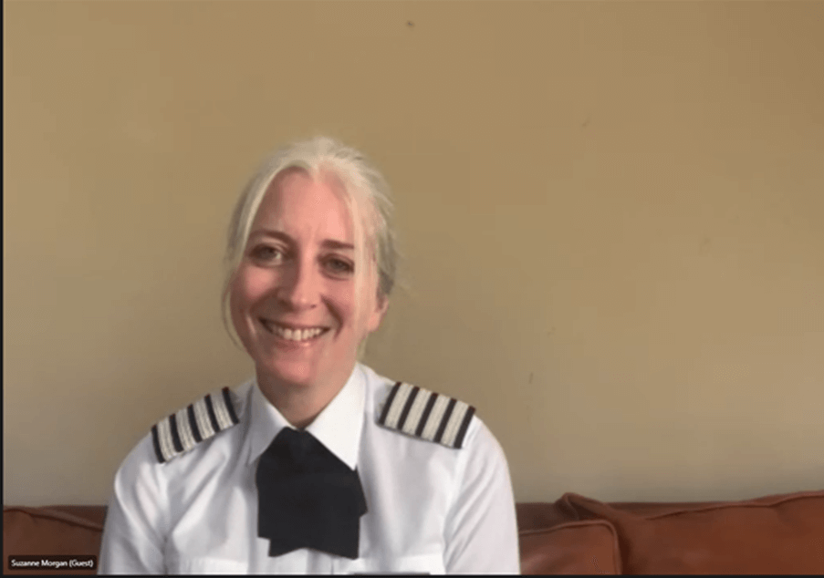 Airline Captain Suzanne Morgan talking to students via Microsoft Teams.
