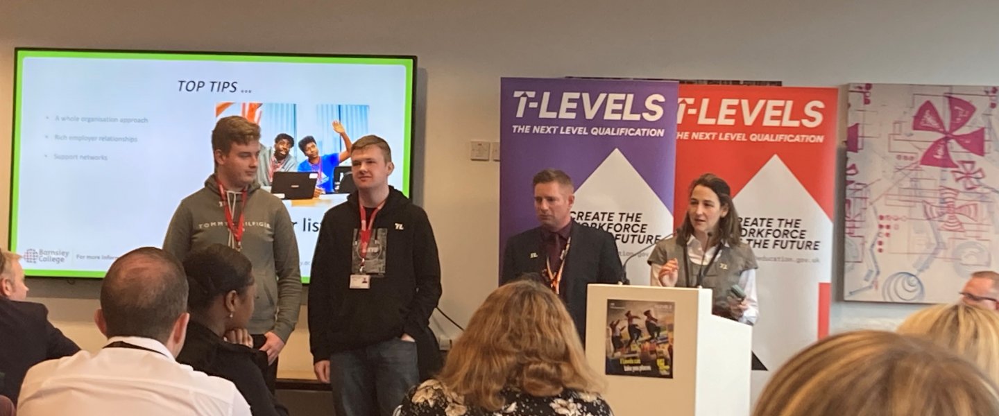 Barnsley College’s T-Level Digital Production, Design and Development students, Harrison Baxter and Joseph Foster; Neil Johnson, Assistant Principal of Class Based Learning at Barnsley College; and Jane Belfourd, Deputy Director and Apprenticeships Directorate at the Department For Education.