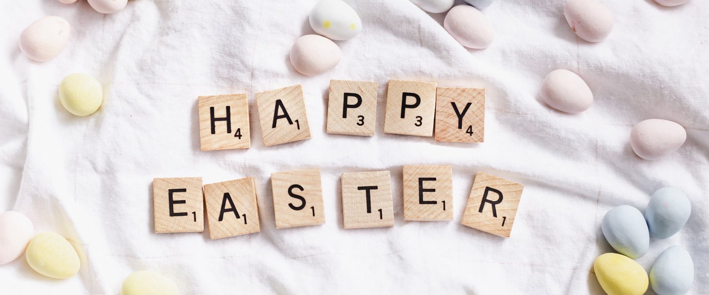 happy Easter spelled out using scrabble tiles