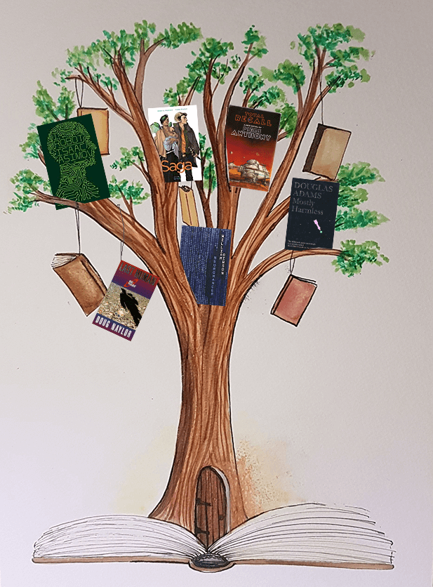 An illustration of a tree with books hanging from the boughs.