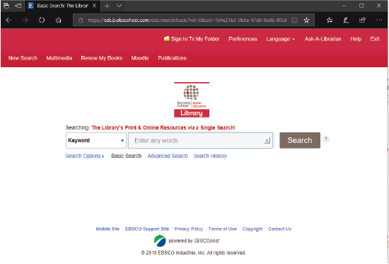 A screenshot of the library search webpage, Discovery.