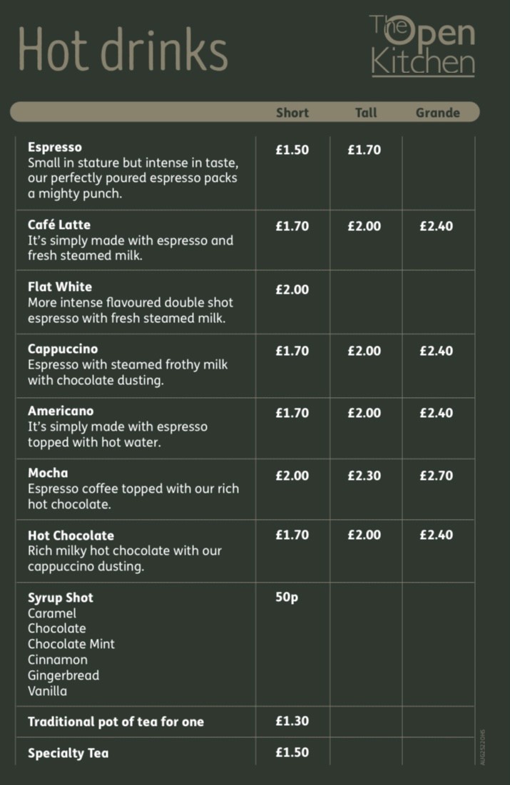 Hot drinks menu and price list