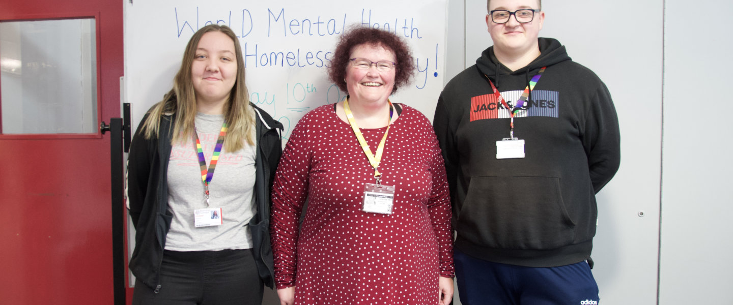 Claire Throssell MBE with students who attended her talk as part of Mental Health and Homelessness Awareness Day at Barnsley College.