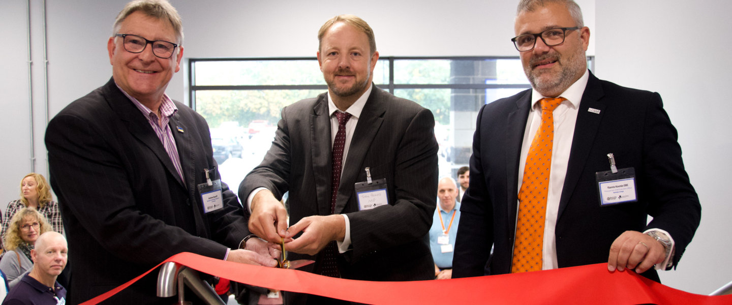 Andrew Denniff, Toby Perkins and Yiannis Koursis Cutting Red Ribbon