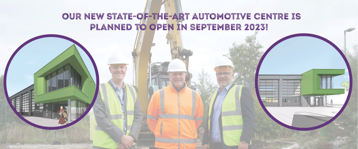 construction building image with three people wearing hi-vis jackets, stating our new state of the art automotive centre is planned to open in September.