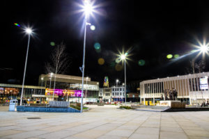 Barnsley centre at night with lights on 