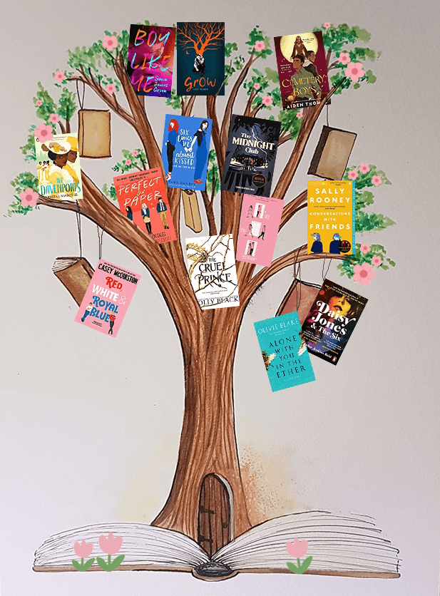 Drawing of a tree with books hanging from the branches