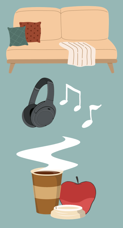 drawing of sofa, headphones, cup and apple