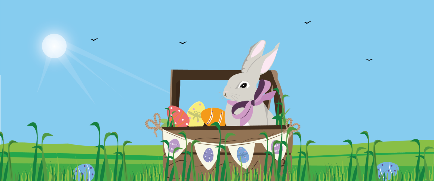 blue sky with rabbit in a basket sat on grass graphic