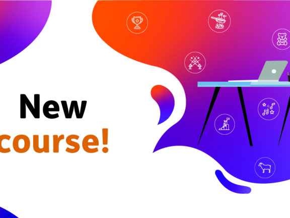 Graphic with an image of a desk on it, saying the words 'New course!'