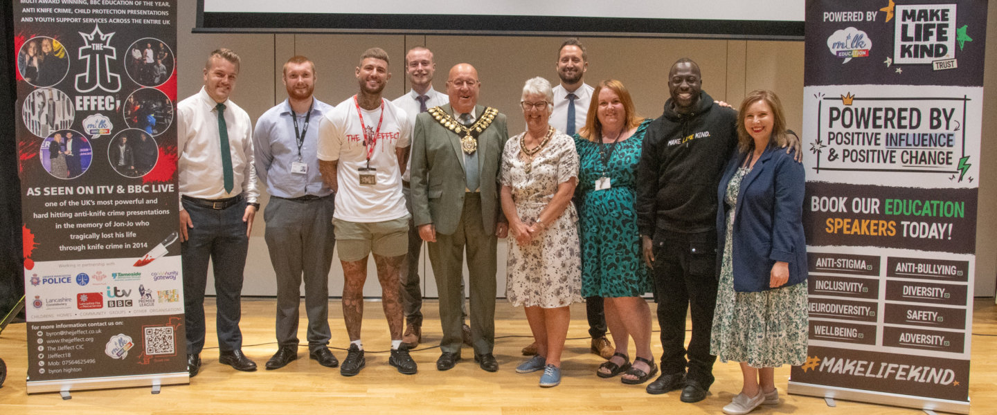 Milk Education and Barnsley College staff with Byron Highton (third from left) and the Mayor of Barnsley, Councillor James Michael Stowe, and his wife, Elaine (middle)