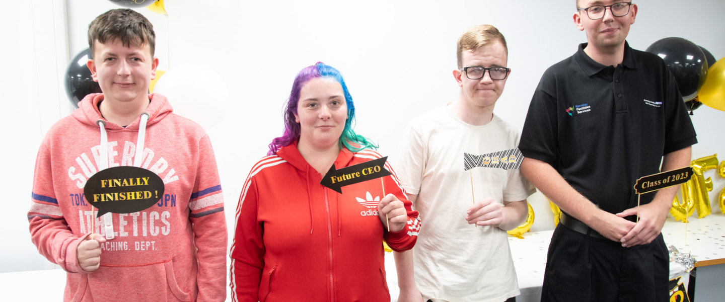 [L-R] Project Search supported interns Jak Durose, Skyla Chandler, Connor Chappell and Corey O’Brien at their end-of-year celebration event at Barnsley Hospital.