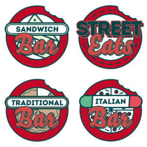 Four logos showing the catering bars at College: Sandwich Bar, Street Eats, Traditional Bar, Italian Bar 