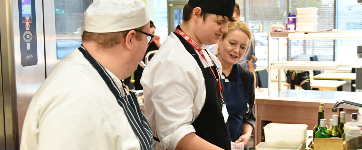 Barnsley College Vice Principal for Quality Sue Slassor with Catering student Harrison Myers and Open Kitchen head chef Hagen Armstrong.