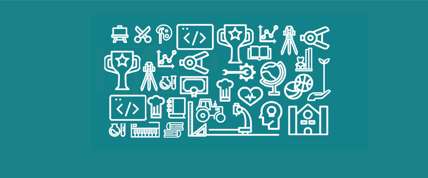 Teal rectangle with white icons showing a range of industries including a computer, scissors, trophies, cameras, a tractor, ruler, protractor, a church, flower, basketball, catering and maths.