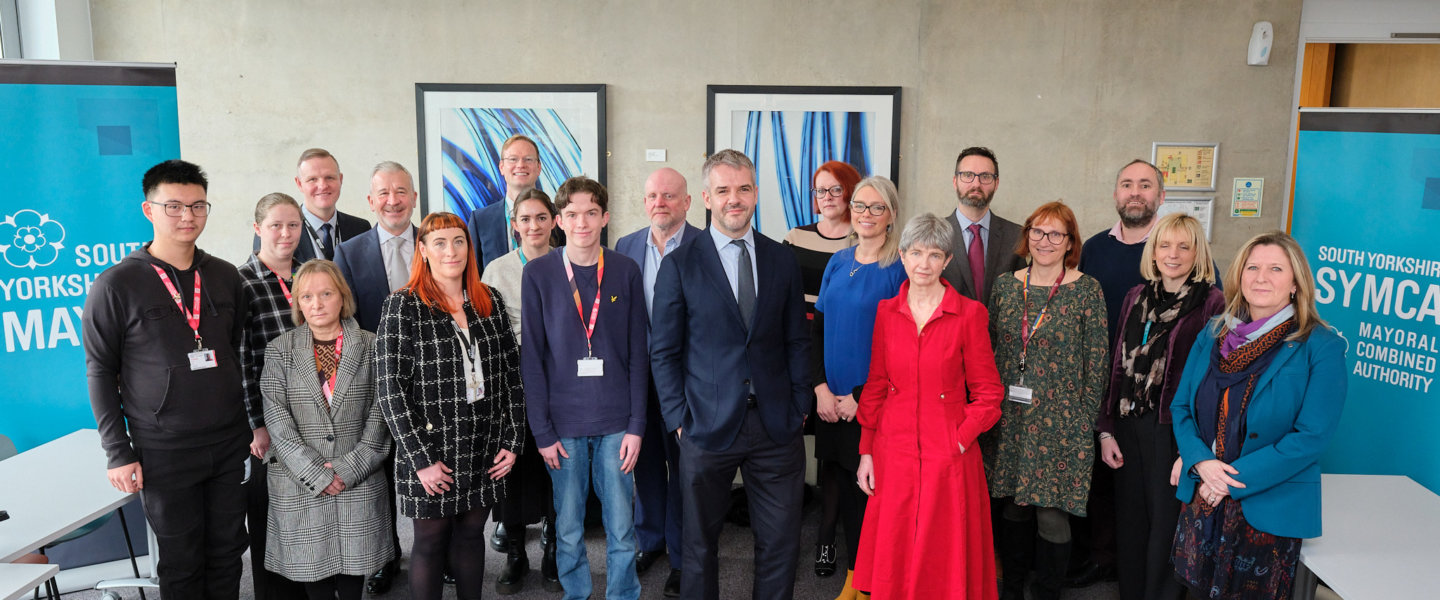 Representatives from across South Yorkshire education, local authority and business pose for a photo at the launch of the Mayor's new skills plans.