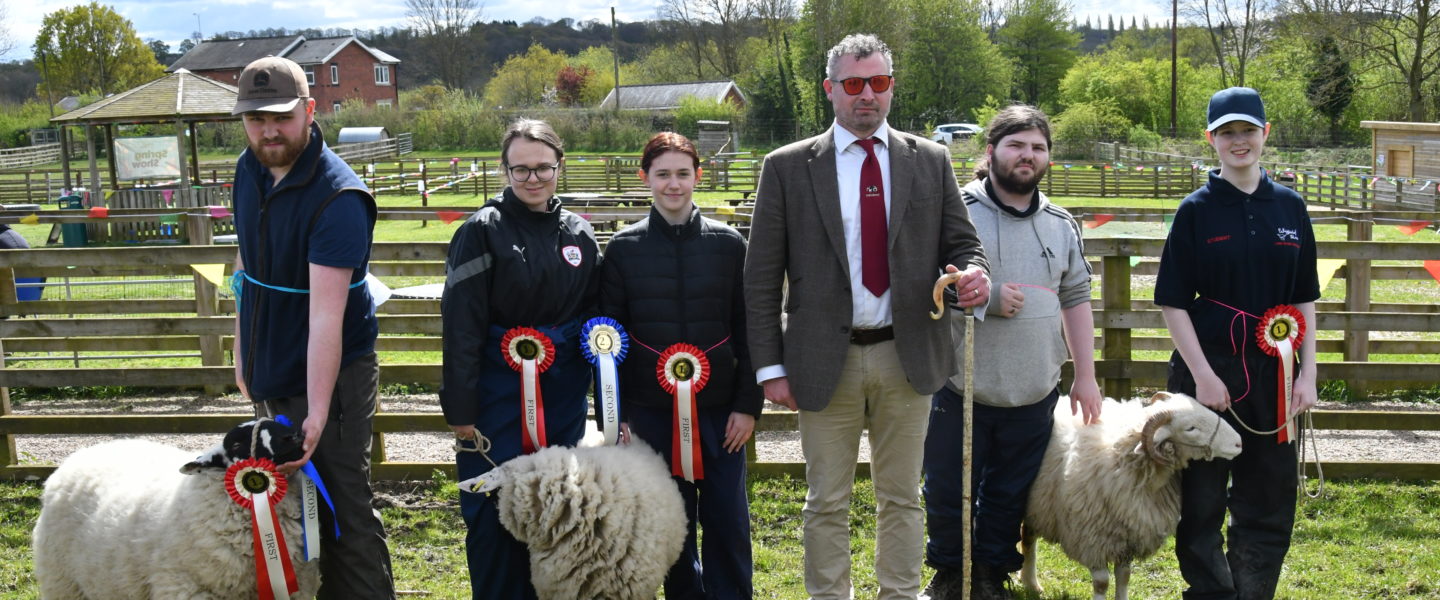 A group of Level 3 Animal Care (Practical Skills) students with Richard Walker (third from right) and their prize-winning sheep.