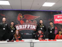 Photograph: L-R - Oliver Connolly, Esports Tutor; Connor Everard, Physical Education Specialist at Grassroots Sports Academy; Esports students Beth Lambert then Charlie Shepard; Chris Newton, Managing Director at Grassroots Sports Academy and Enzo Guarini, Esports HE Pathway Leader.